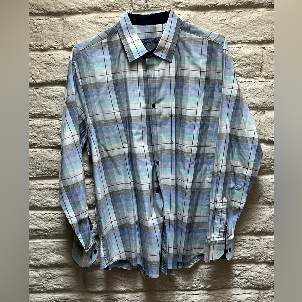 Men’s L Tasso Elba Blue & Grey Plaid long sleeve shirt